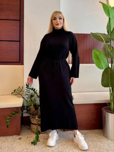 KADIN BÜYÜK BEDEN YARIM BALIKÇI YAKA, FİTİLLİ KUŞAKLI TRİKO ELBİSE